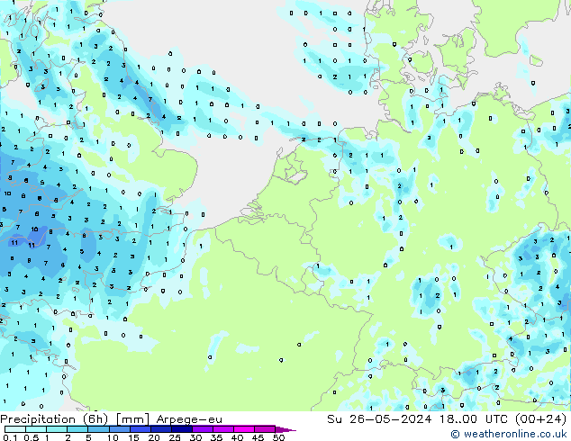 Precipitazione (6h) Arpege-eu dom 26.05.2024 00 UTC