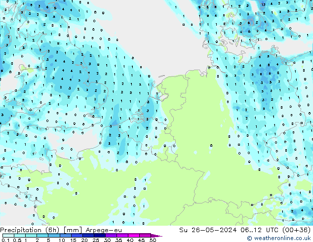 Precipitation (6h) Arpege-eu Su 26.05.2024 12 UTC
