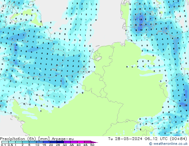 Precipitation (6h) Arpege-eu Út 28.05.2024 12 UTC