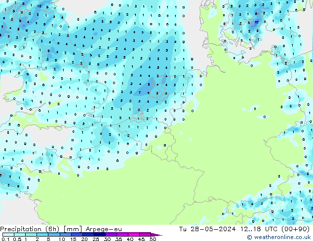 Précipitation (6h) Arpege-eu mar 28.05.2024 18 UTC