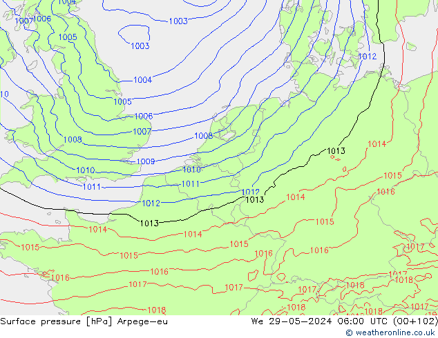 Pressione al suolo Arpege-eu mer 29.05.2024 06 UTC