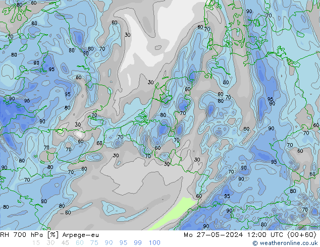 RH 700 hPa Arpege-eu Mo 27.05.2024 12 UTC