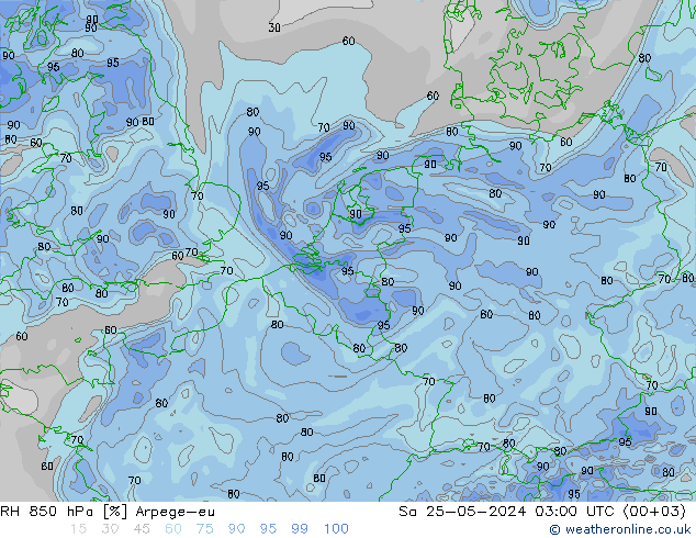 RH 850 hPa Arpege-eu Sa 25.05.2024 03 UTC