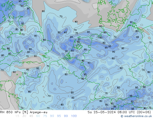 RH 850 гПа Arpege-eu сб 25.05.2024 06 UTC