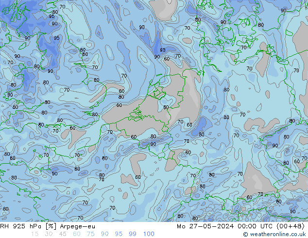 Humidité rel. 925 hPa Arpege-eu lun 27.05.2024 00 UTC