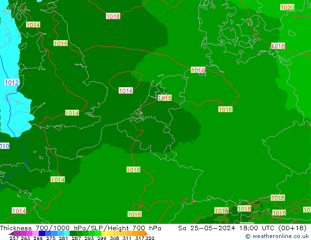 Espesor 700-1000 hPa Arpege-eu sáb 25.05.2024 18 UTC