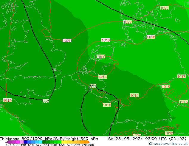 Espesor 500-1000 hPa Arpege-eu sáb 25.05.2024 03 UTC