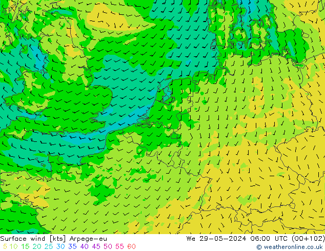 wiatr 10 m Arpege-eu śro. 29.05.2024 06 UTC
