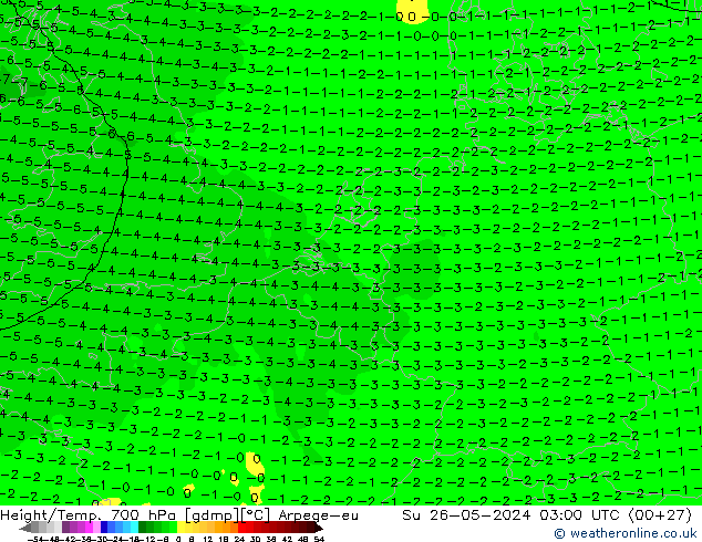 Hoogte/Temp. 700 hPa Arpege-eu zo 26.05.2024 03 UTC