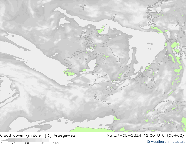 Cloud cover (middle) Arpege-eu Mo 27.05.2024 12 UTC