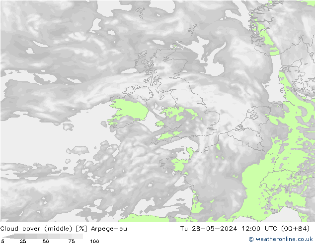 Cloud cover (middle) Arpege-eu Tu 28.05.2024 12 UTC