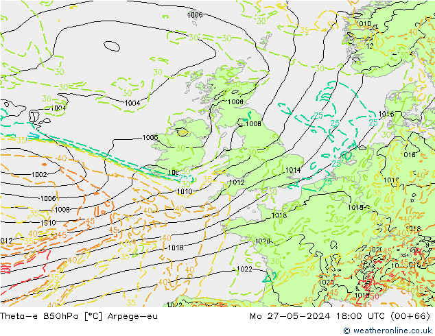 Theta-e 850hPa Arpege-eu ma 27.05.2024 18 UTC