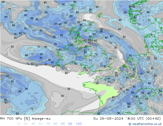 RH 700 hPa Arpege-eu Su 26.05.2024 18 UTC