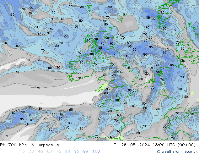 RH 700 hPa Arpege-eu Tu 28.05.2024 18 UTC