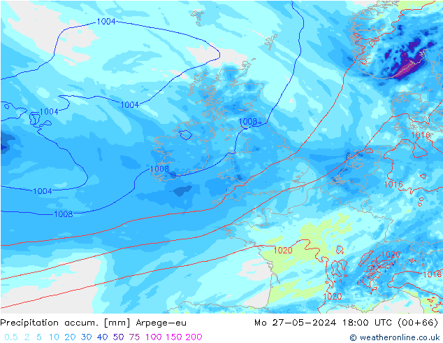 Totale neerslag Arpege-eu ma 27.05.2024 18 UTC