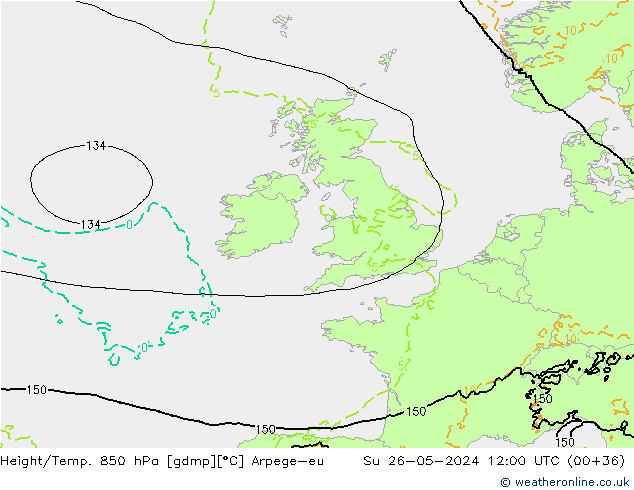 Hoogte/Temp. 850 hPa Arpege-eu zo 26.05.2024 12 UTC