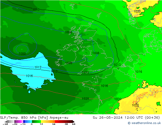 SLP/Temp. 850 hPa Arpege-eu zo 26.05.2024 12 UTC