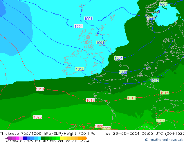 Thck 700-1000 hPa Arpege-eu Qua 29.05.2024 06 UTC