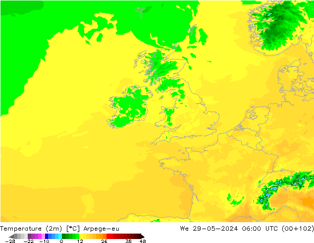 Temperatura (2m) Arpege-eu mié 29.05.2024 06 UTC