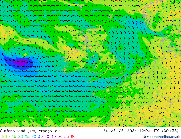 Wind 10 m Arpege-eu zo 26.05.2024 12 UTC