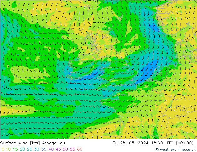 Surface wind Arpege-eu Tu 28.05.2024 18 UTC