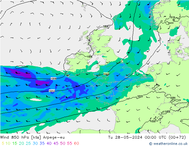 wiatr 850 hPa Arpege-eu wto. 28.05.2024 00 UTC