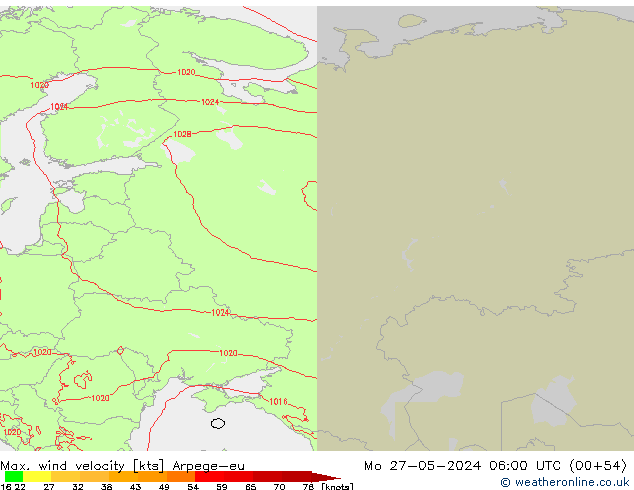 Max. wind velocity Arpege-eu lun 27.05.2024 06 UTC