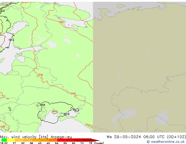 Max. wind velocity Arpege-eu Qua 29.05.2024 06 UTC