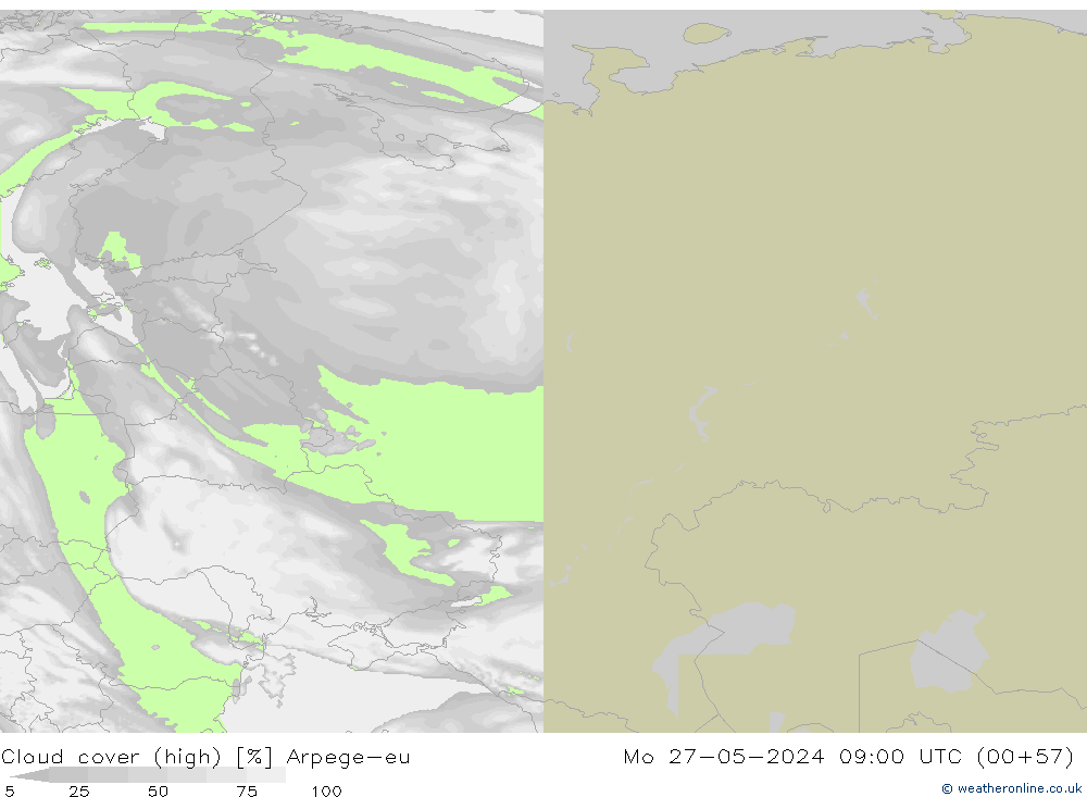 Cloud cover (high) Arpege-eu Mo 27.05.2024 09 UTC