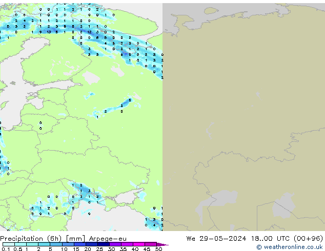 Precipitación (6h) Arpege-eu mié 29.05.2024 00 UTC