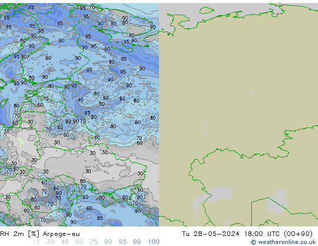 RH 2m Arpege-eu  28.05.2024 18 UTC