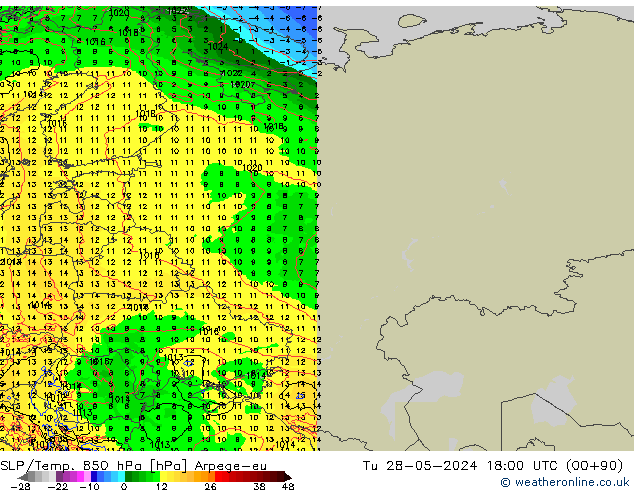 SLP/Temp. 850 гПа Arpege-eu вт 28.05.2024 18 UTC