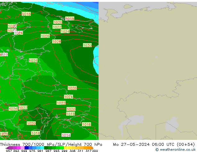 Thck 700-1000 hPa Arpege-eu pon. 27.05.2024 06 UTC