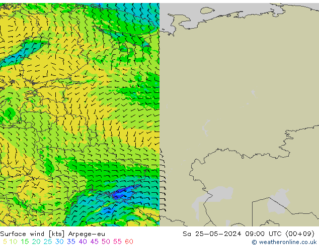 wiatr 10 m Arpege-eu so. 25.05.2024 09 UTC