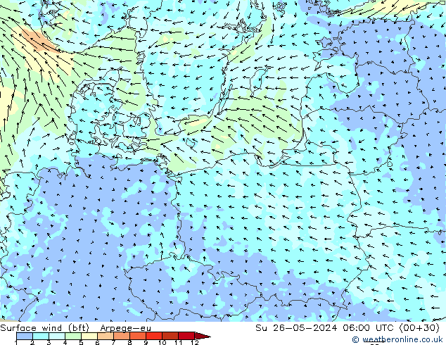 Surface wind (bft) Arpege-eu Su 26.05.2024 06 UTC