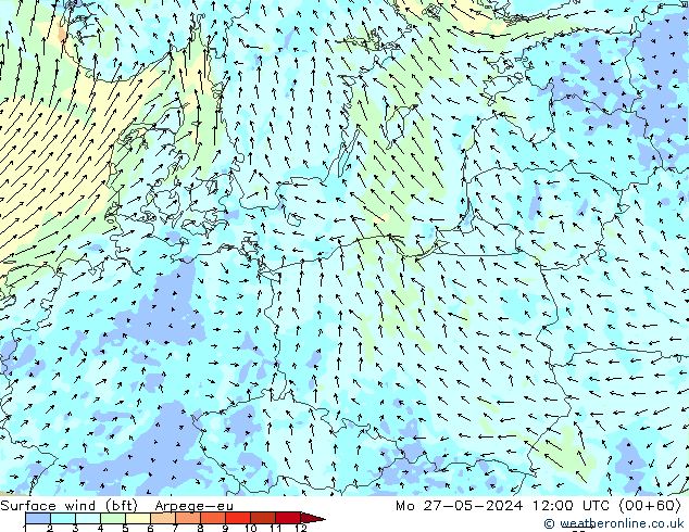Vento 10 m (bft) Arpege-eu lun 27.05.2024 12 UTC