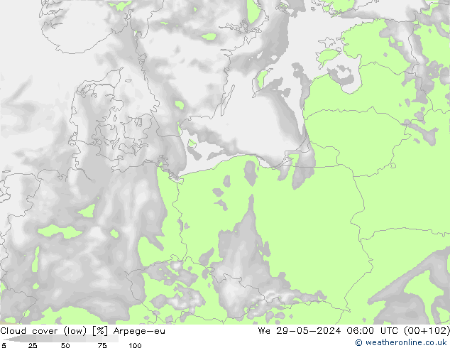 Cloud cover (low) Arpege-eu We 29.05.2024 06 UTC