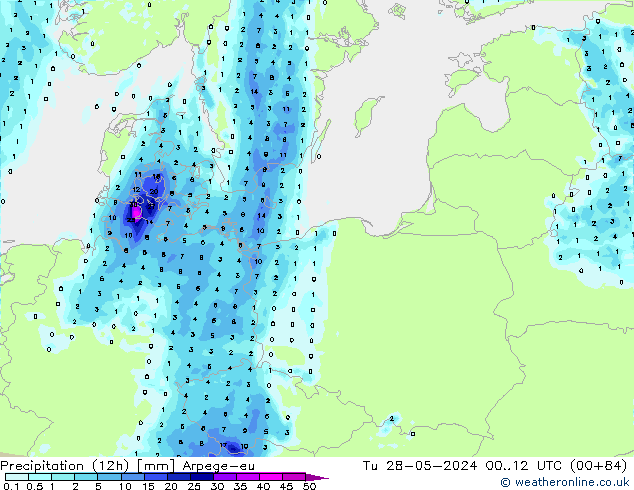 Totale neerslag (12h) Arpege-eu di 28.05.2024 12 UTC