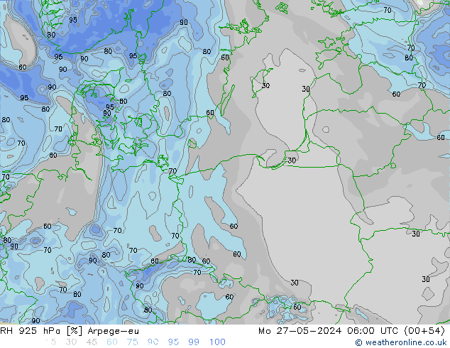 Humidité rel. 925 hPa Arpege-eu lun 27.05.2024 06 UTC