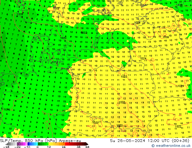 SLP/Temp. 850 hPa Arpege-eu Su 26.05.2024 12 UTC