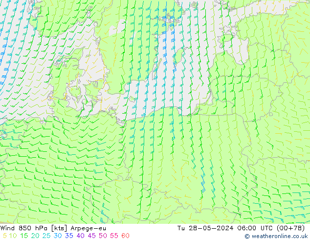 Wind 850 hPa Arpege-eu Tu 28.05.2024 06 UTC