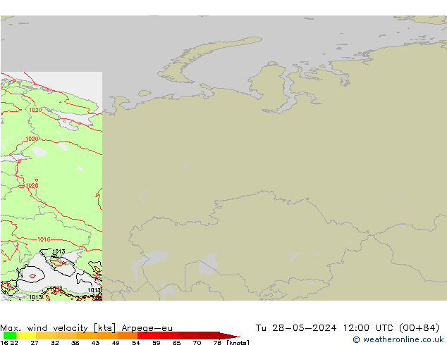 Max. wind velocity Arpege-eu Tu 28.05.2024 12 UTC