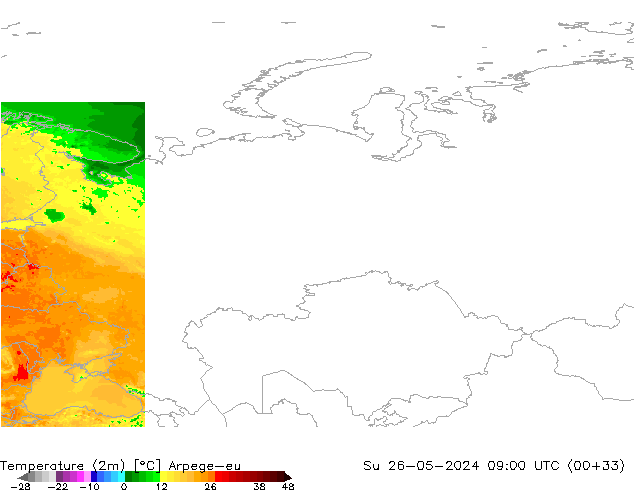 Temperatuurkaart (2m) Arpege-eu zo 26.05.2024 09 UTC