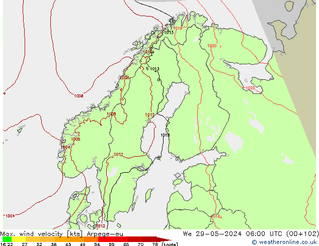 Max. wind velocity Arpege-eu mié 29.05.2024 06 UTC