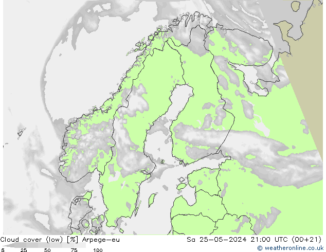 Cloud cover (low) Arpege-eu Sa 25.05.2024 21 UTC