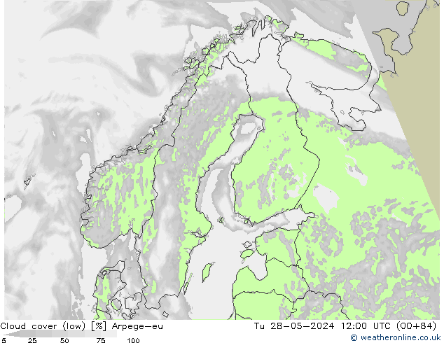 Cloud cover (low) Arpege-eu Tu 28.05.2024 12 UTC