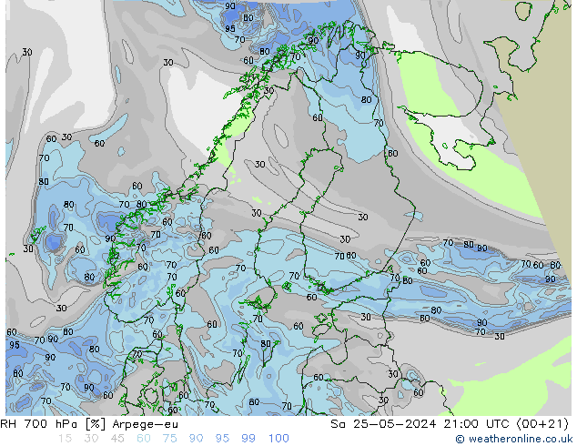 RH 700 hPa Arpege-eu Sa 25.05.2024 21 UTC