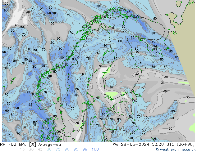 RH 700 гПа Arpege-eu ср 29.05.2024 00 UTC