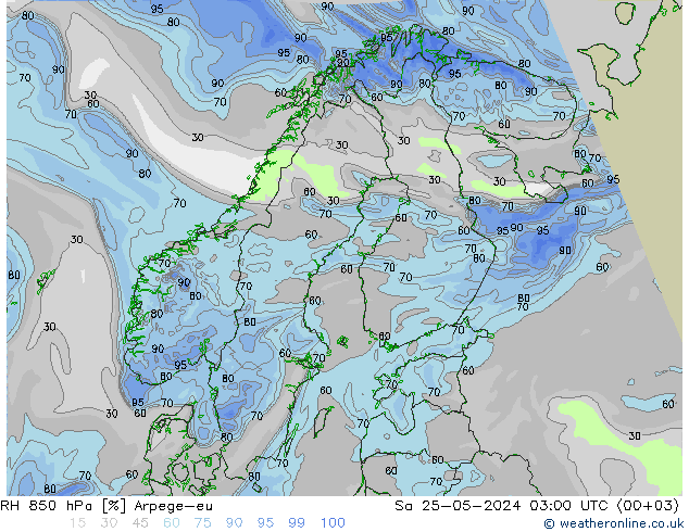 Humedad rel. 850hPa Arpege-eu sáb 25.05.2024 03 UTC