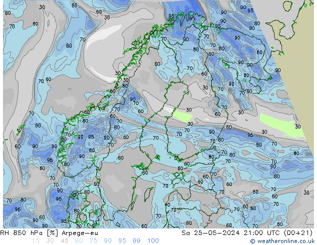 RH 850 hPa Arpege-eu Sa 25.05.2024 21 UTC